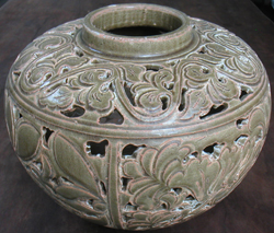 Sculpted Vase of Leafy Design - Chinese Celadon Stoneware Ceramics